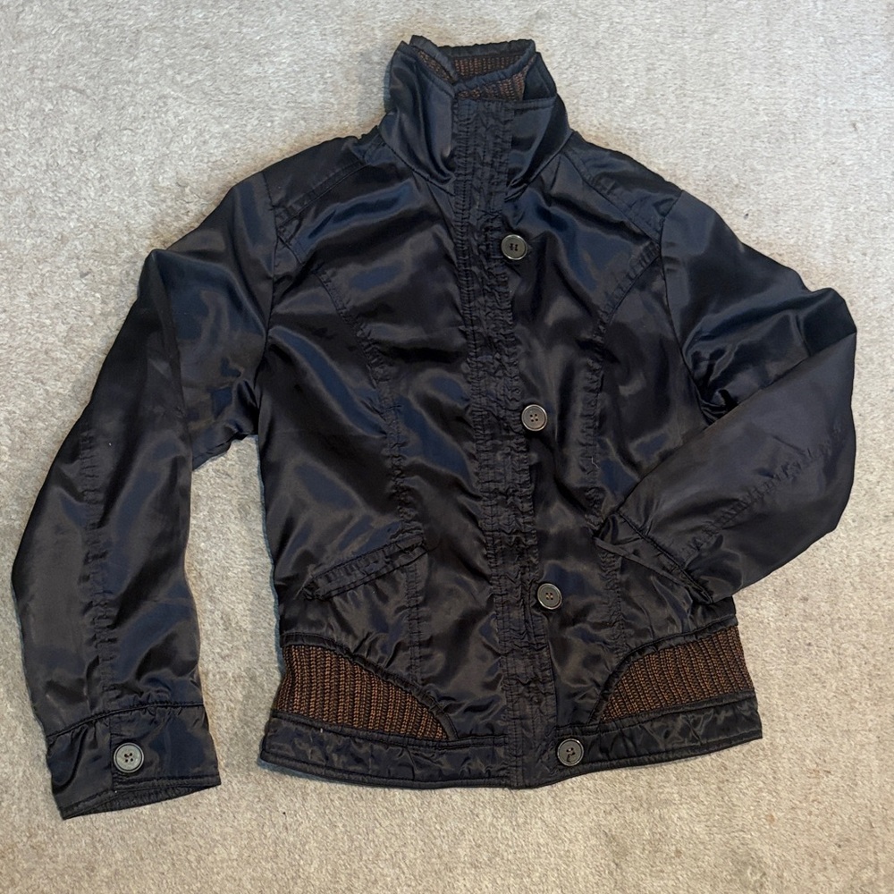 Fu Shi black nylon jacket with brown woven trim S - Picture 2 of 10